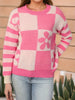 Check & Flower Pattern Crew Neck Sweater, Casual Long Sleeve Drop Shoulder Sweater For Fall & Winter, Women's Clothing