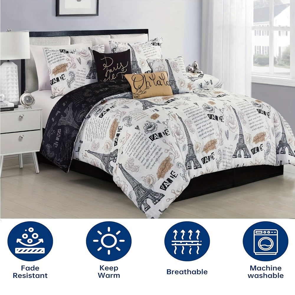 7pcs Christmas Halloween Decoration Comforter Set Stylish And Beautifully Printed 1 Comforter+2 Pillow Shams+1 Decorative Pillow+1 Breakfast Pillow +1 Cushion+1 Bed Skirt Easy To Care For Machine Washable Suitable For Bedrooms Rooms Hotels