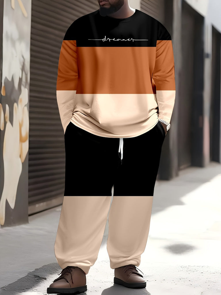 Men's Plus Size Casual Sportswear Set - Color Block & Cartoon Print, Long Sleeve Crew Neck Sweatshirt with Pockets & Joggers - For Men - Suitable for Casual Wear & Sports - Perfect Gift Idea for Him
