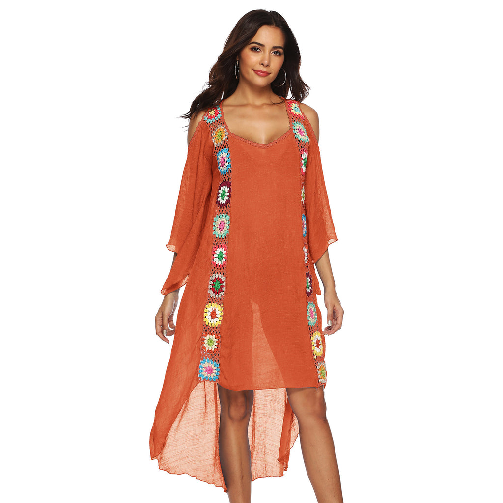 Rainbow Color Hand Crochet Flower Stitching Strapless Irregular Beach Dress Robe