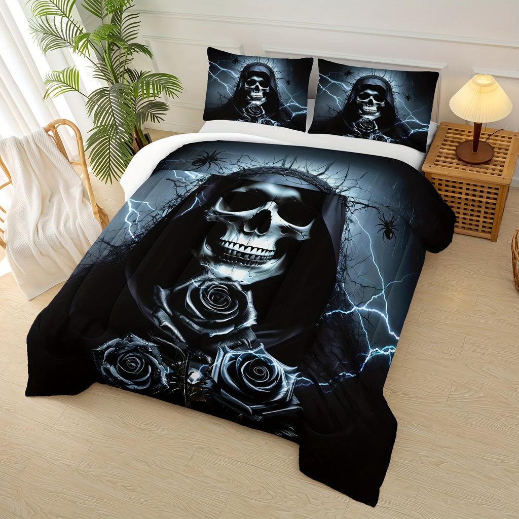 Black Skull Comforter Set, Dark Floral Comforter Set, Gothic Flower Comforter Set Bedding, Goth Rose Comfoter Set Quilt, Witches Lace Lightning Bedding Sets Beddys, Spiders Wildlife Animals Quilt Comforter Set