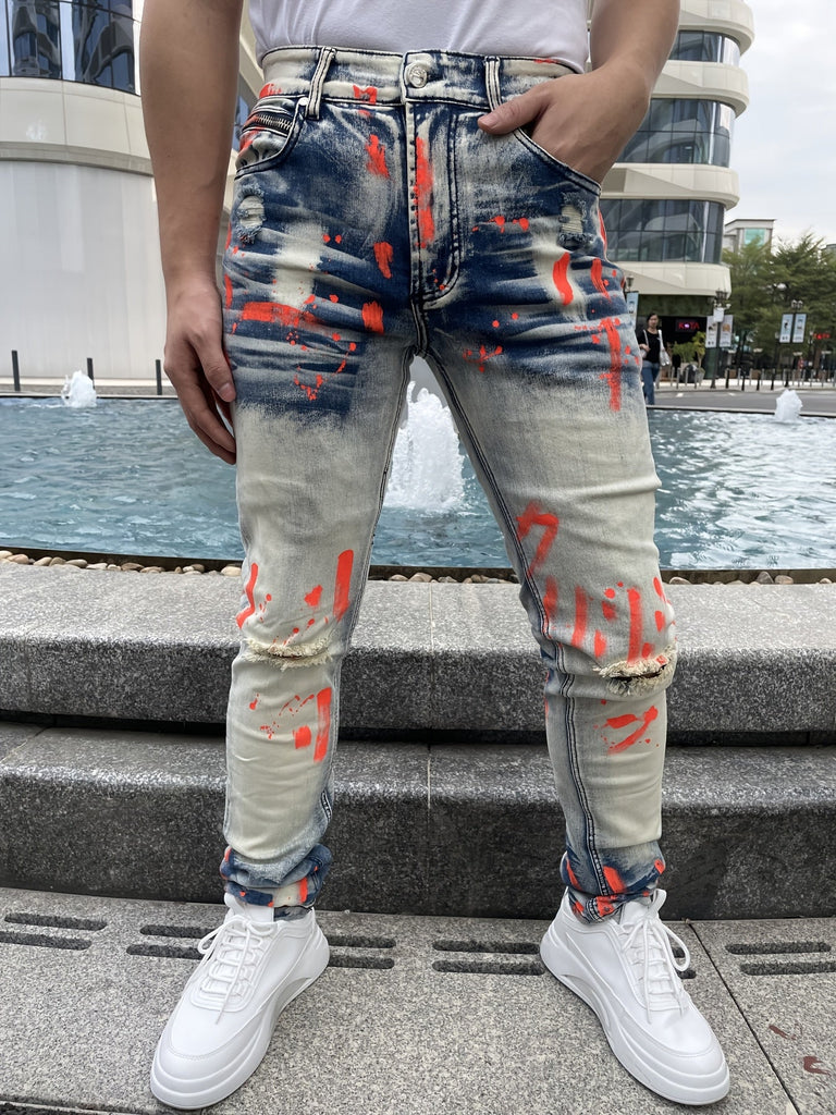 Men's Fashion Stretch Pants, Full Strip Hand Printing, Hole Technology, Creasing Cat Wash, Watch Bag Decorative Zipper, Tight Style, Suitable For All Seasons