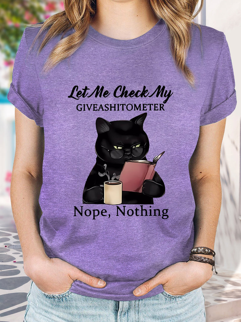 "Women's Funny Black Cat Graphic Tee - Vintage Style Casual Summer Sporty Top, Round Neck Short Sleeve T-Shirt With ""Let Me Check My Giveashitometer - Nope, Nothing"" Print - For Women - Perfect for Casual Wear, Summer Activities & Gift for Cat Lovers"