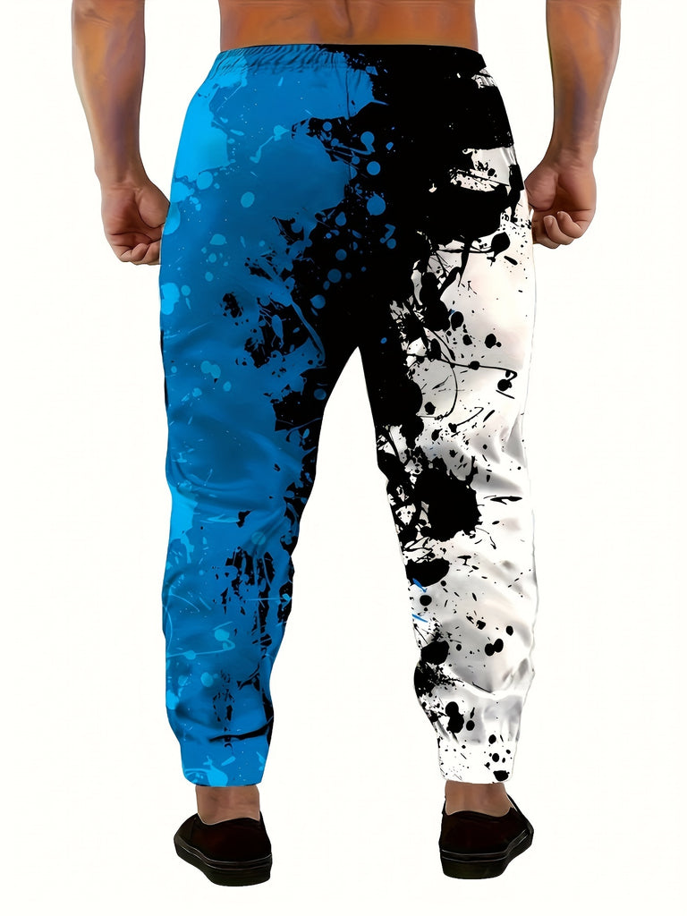 Men's Color Blocking Ink Splashing Print Jogger Pants with Drawstrings, Casual Sports Trousers As Gift