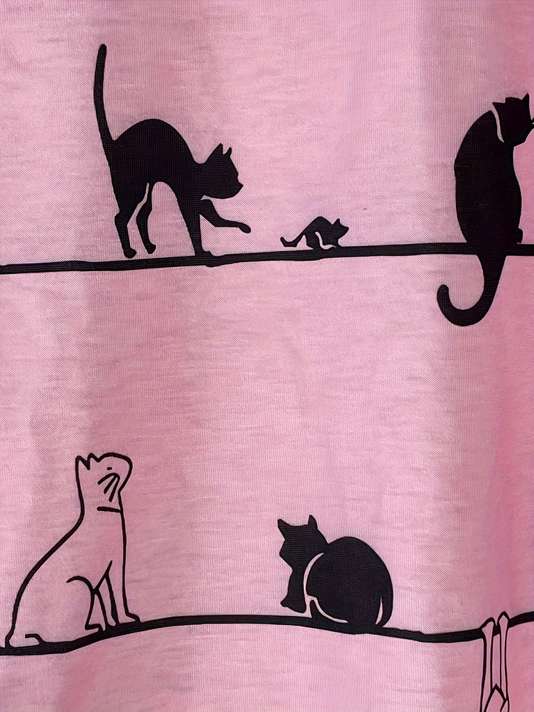 Cute Cat Print V Neck T-shirt, Casual Long Sleeve Top For Spring & Fall, Women's Clothing