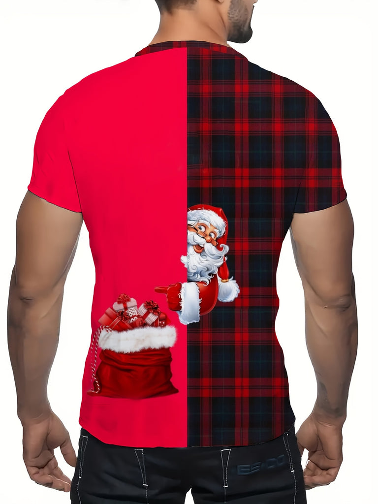 Men's Festive Santa Claus Graphic Tee - Casual Short Sleeve Crew Neck T-Shirt, Stretchy Polyester Blend, Machine Washable, Non-Transparent, Perfect for Christmas & Holiday Parties