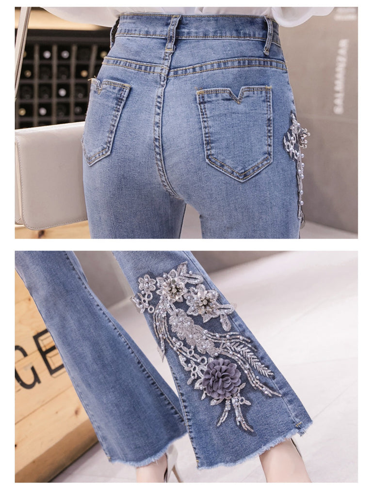 1pc Elegant Floral Applique Flare Leg Jeans for Women, High Stretch Polyester, Retro Chinese Style, All-Season Slim Fit Pants with Embroidered Sequin Detail