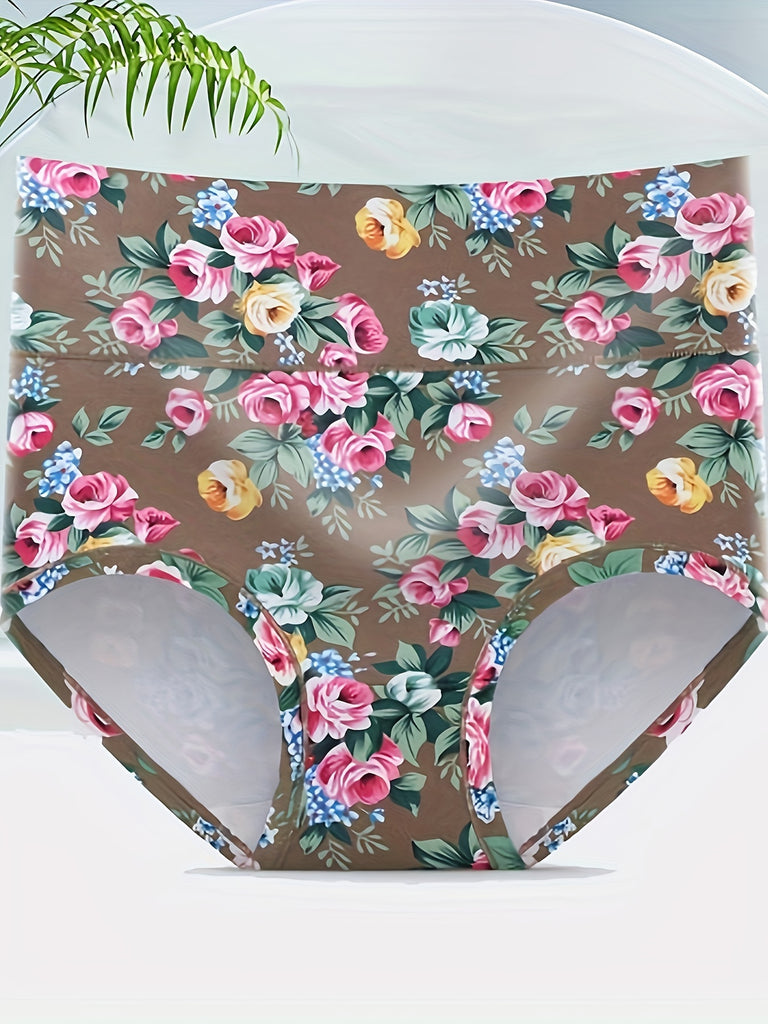 4pcs Seamless High Waist Tummy Control Briefs, Sexy Comfy Breathable Floral Print Stretchy Intimates Panties for Women