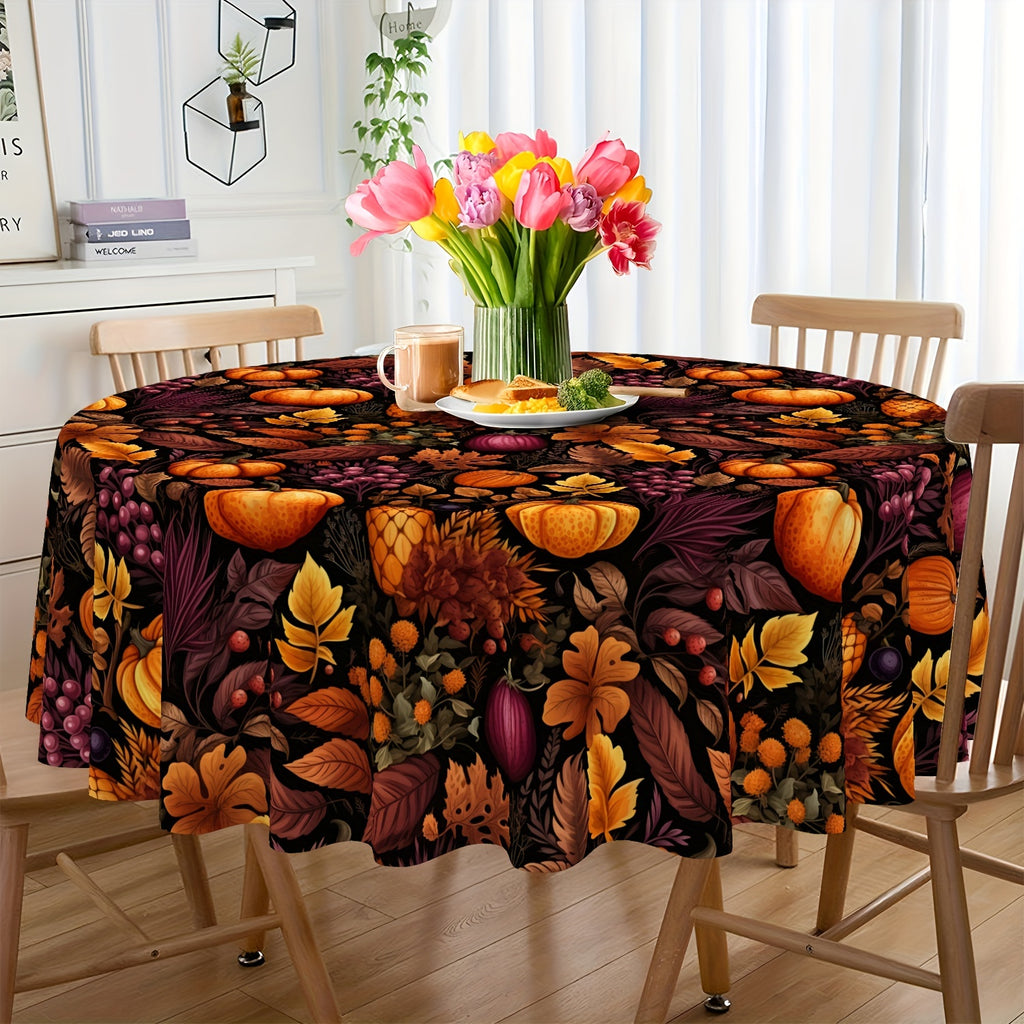 Thanksgiving Delight: Autumn Harvest Round Tablecloth - Stain & Waterproof with Pumpkin and Leaves Design, Perfect for Holiday Dining