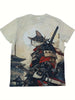 Men's Casual Crew Neck T-Shirt with Vintage Samurai Cat Print, 100% Polyester, Summer Short Sleeve Graphic Tee with Slight Stretch for Daily Wear