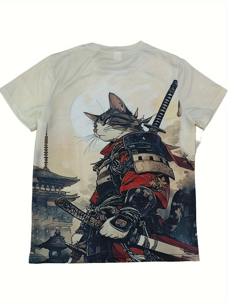 Men's Casual Crew Neck T-Shirt with Vintage Samurai Cat Print, 100% Polyester, Summer Short Sleeve Graphic Tee with Slight Stretch for Daily Wear