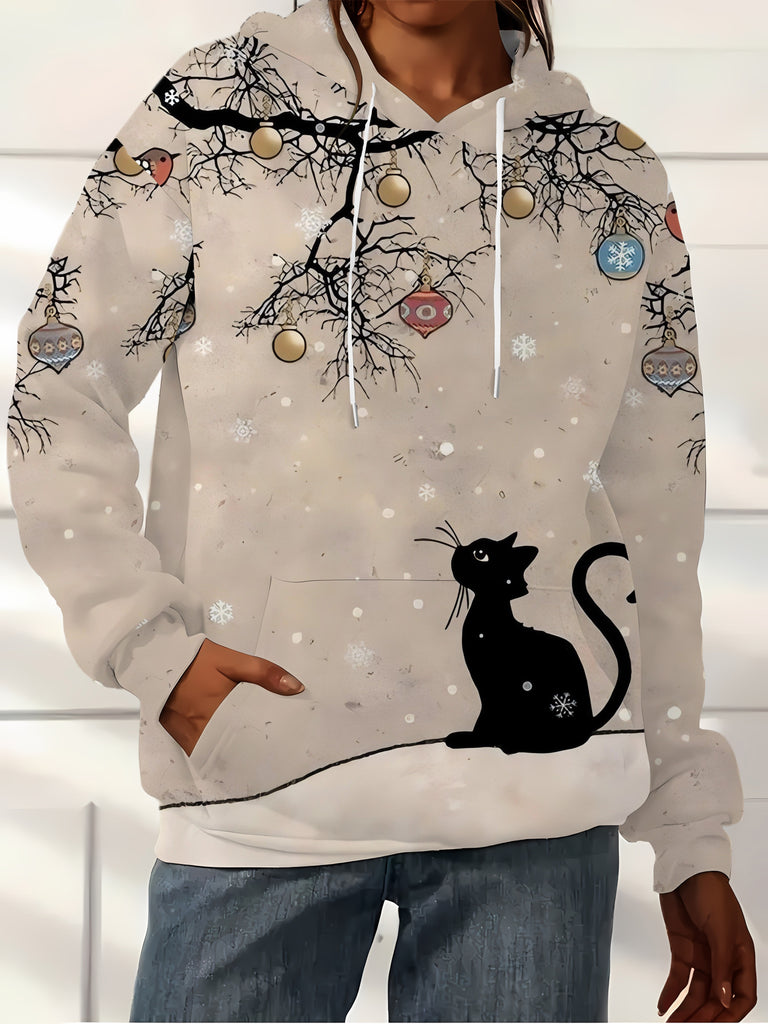 Women's hooded sweatshirt with Christmas snowflake cat pattern print, Spring and Autumn women's hooded pullover, as a Christmas gift