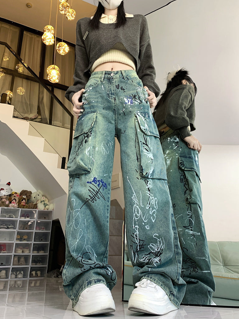 Women's Casual Geometric Graffiti Pattern Wide-Leg Denim Jeans, Cotton Blend, Slight Stretch, All-Season Washed Vintage Streetwear, Straight Fit Button Fly Long Pants