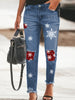 [Customer Favorite] Women's Festive Snowflake & Plaid Patchwork Ripped Jeans - High Stretch, Machine Washable Denim for All Seasons