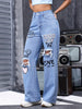 Women's High-Waisted Heart And Letter Print Ripped Distressed Jeans - Casual Style, Wide Leg Denim Pants - For Women - Suitable for Casual Outings, Parties & Everyday Wear - Perfect Gift for Fashionable Women