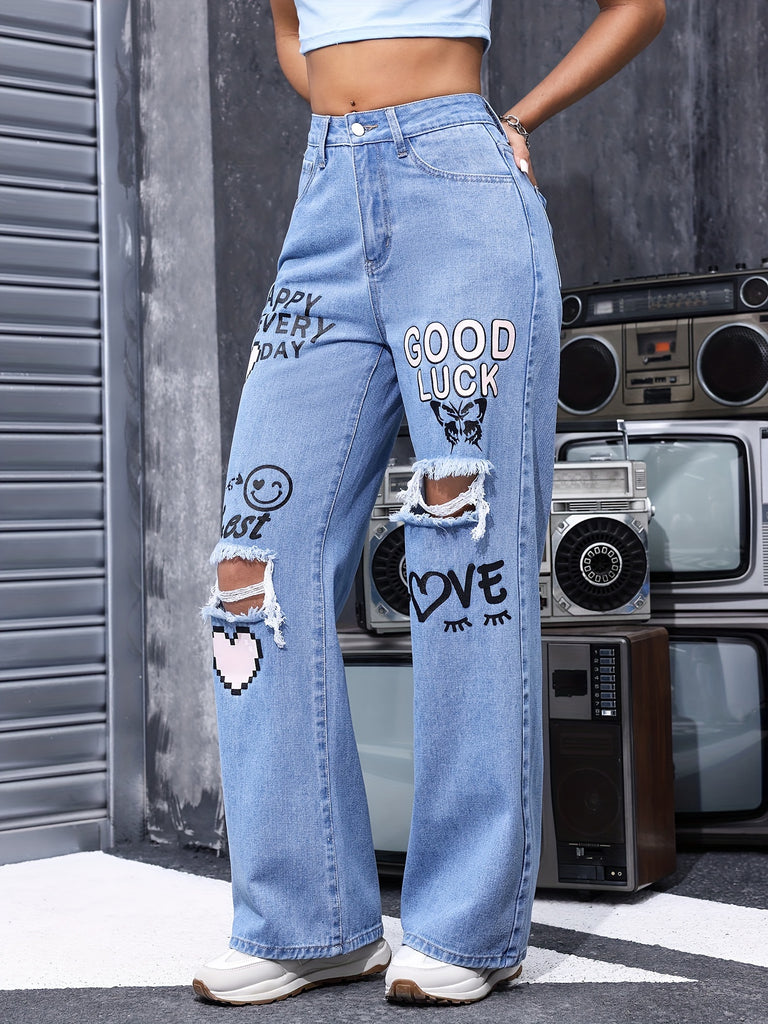 Women's High-Waisted Heart And Letter Print Ripped Distressed Jeans - Casual Style, Wide Leg Denim Pants - For Women - Suitable for Casual Outings, Parties & Everyday Wear - Perfect Gift for Fashionable Women