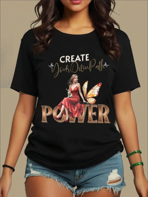 Creative Girl And Butterfly Graphic Print T-shirt, Casual Short Sleeve Crew Neck  Tee With Applique, Machine Washable, Regular Style