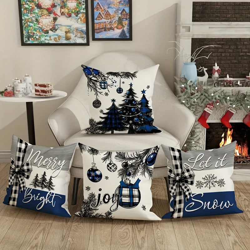 4pcs Christmas Tree Gift Pillowcases Contemporary Style - 18X18 Inches - Black And Blue - Comfortable And Soft - Polyester with Printed Design And Zipper Closure for Christmas Winter Living Room Bedroom Sofa Bed Decor Without Filling