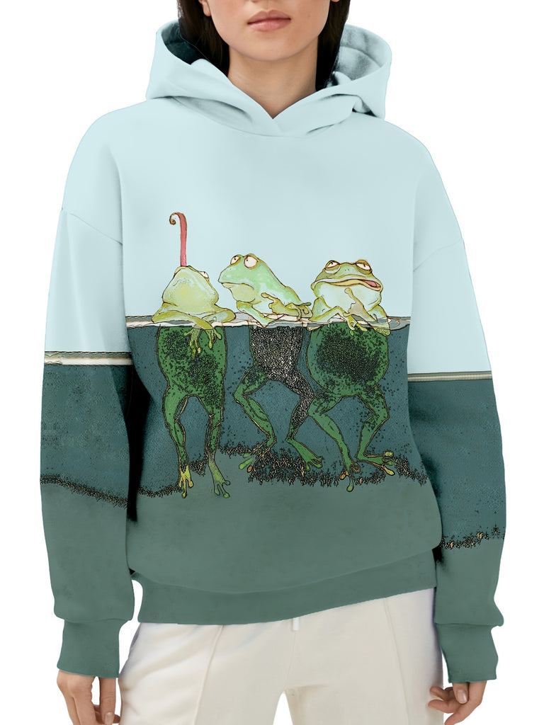 Fun And Cute Frog Print Hoodie, Casual Long Sleeve Hooded Sweatshirt, Women's Clothing