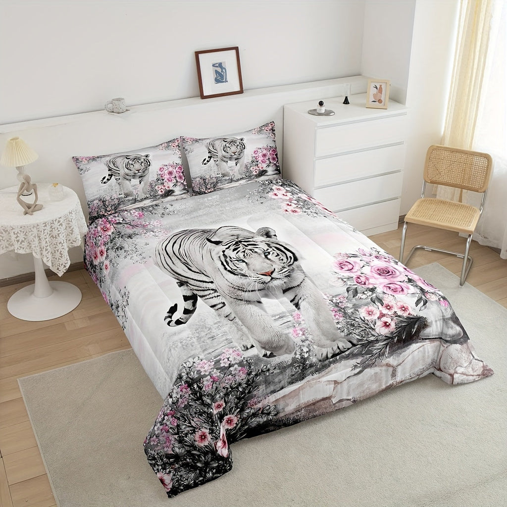 Castle Fairy Rose Flower Tiger Kids Comforter Set Queen Size, Africa Fierce Wildlife Animals White Tiger Bedding Set For Men Women Adults, Multicolor Floral Botanical Painted Print Quilt 3 Pcs Fashionable Home Products Suitable For All Seasons
