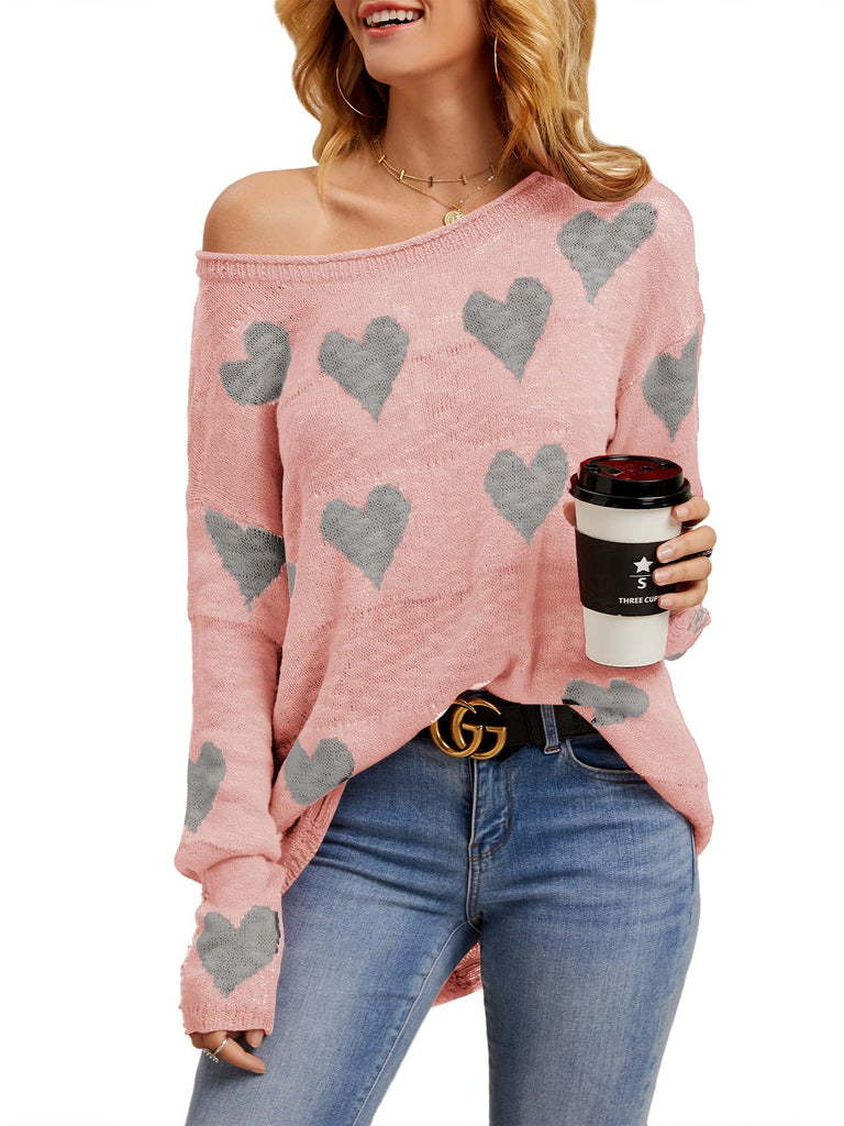 Women Off Shoulder Knitted Pullovers Sweater Loose Long sleeve Hearts Printed Ripped Tops