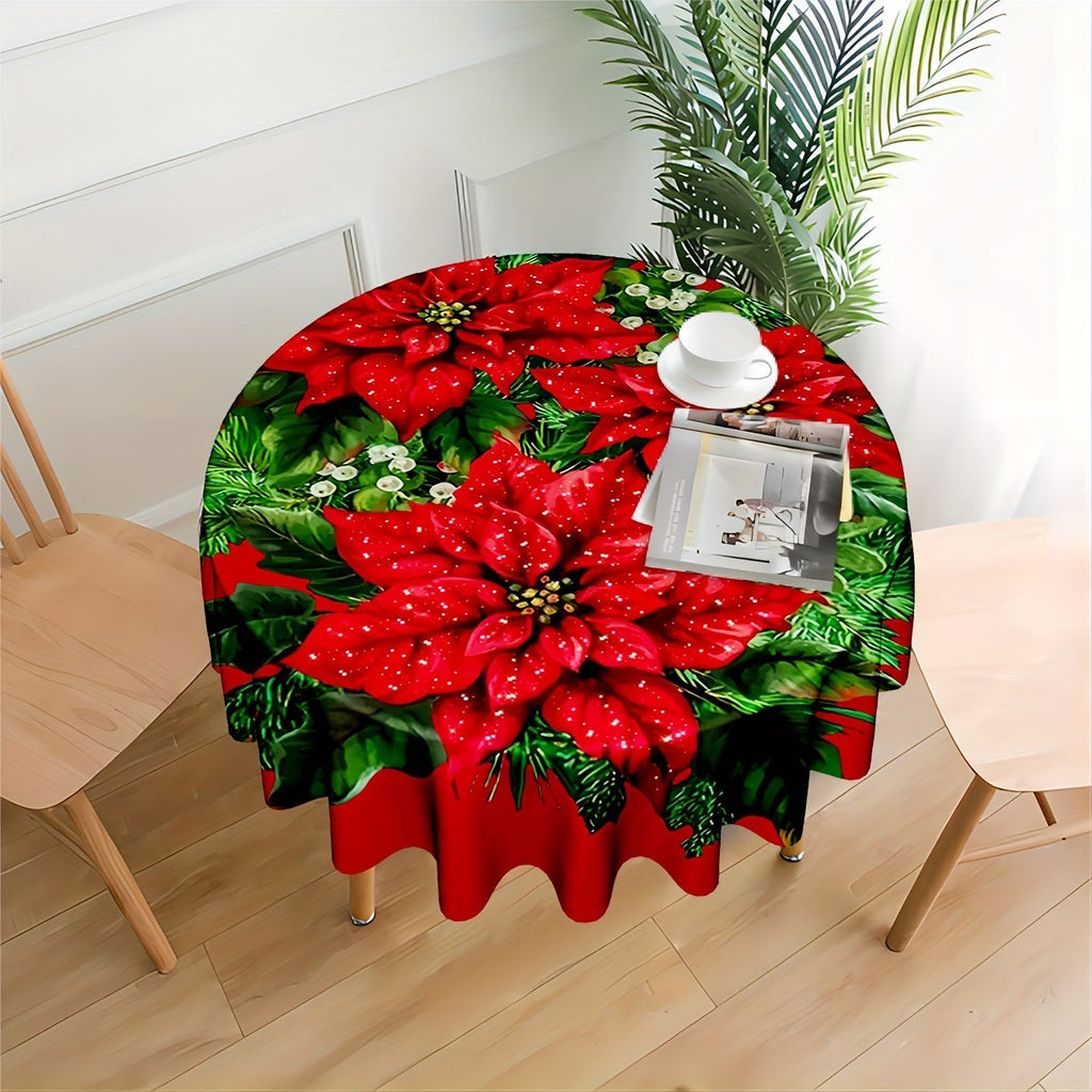 Christmas Floral Print Round Tablecloth - Waterproof Polyester, Colorful Holiday Design for Kitchen, Picnic & Camping Decor