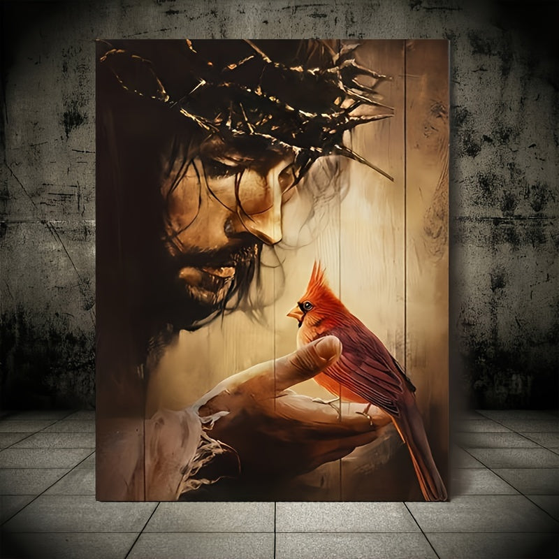 1pc Wooden Framed Red Cardinals Canvas Painting Art Prints Wall For Bedroom Living Room Home Decor Thorn Crown Jesus Portrait Canvas Print Poster Picture With Framed Ready to Hang Art Gift For Her Him