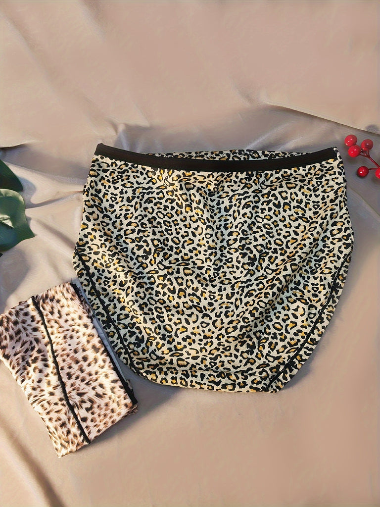 3pcs Leopard Print Briefs, Breathable Elastic High Waist Tummy Control Intimates Panties, Women's Lingerie & Underwear