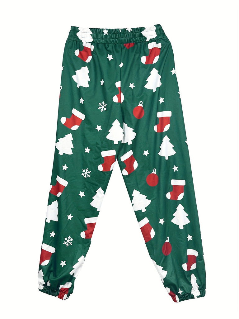 Cozy Women's Christmas Print Loose Jogger Pants with Elastic Waist, Slant Pocket, and Casual Style