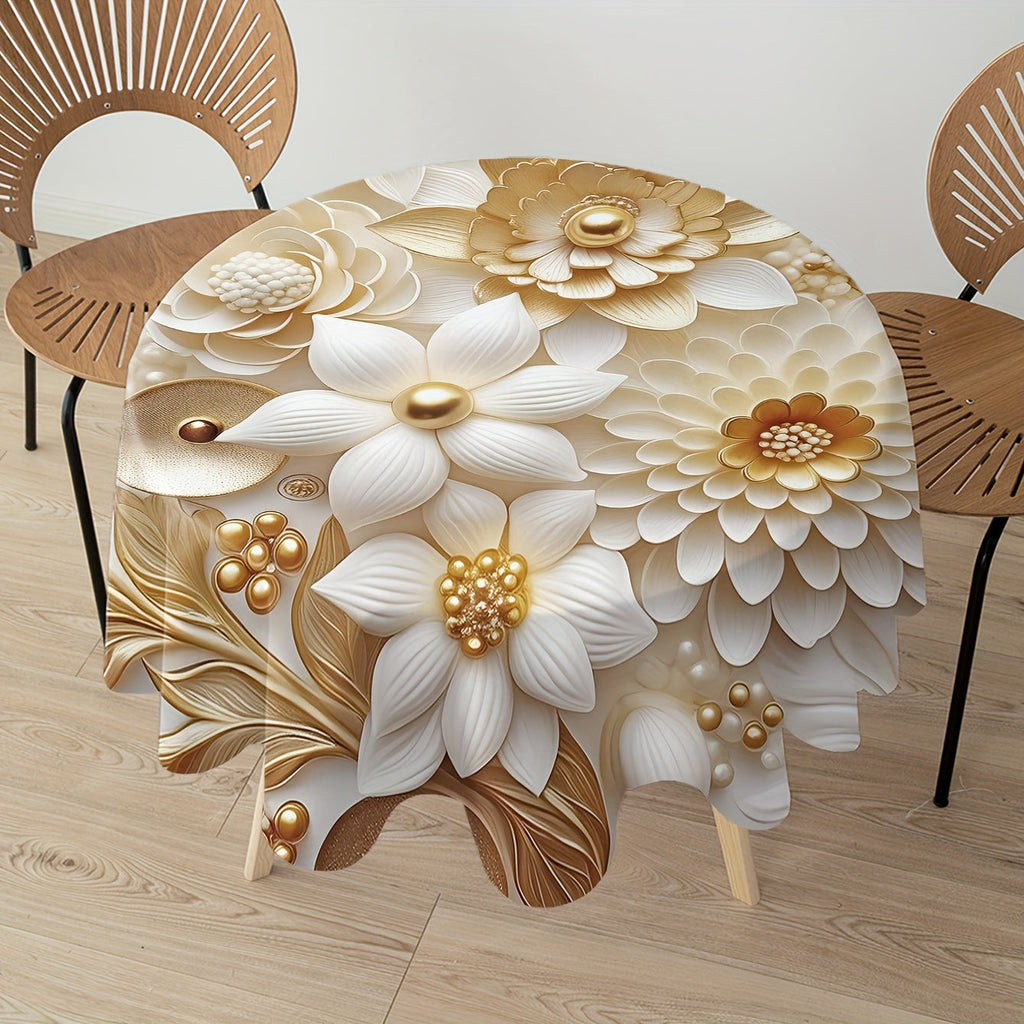 1pc Polyester Round Tablecloth - Floral Digital Print, Stain & Waterproof Pleated Table Cover for Party, Home, Banquet & Patio Use - Machine Woven, No Fade, Easy Care