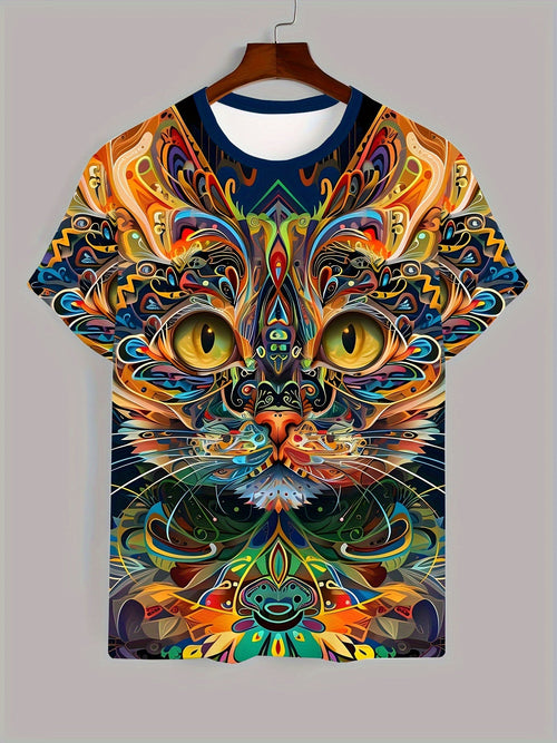 Men's eye-catching and colorful cat print T-shirt - lightweight short sleeved round neck, perfect for outdoor exploration and daily style