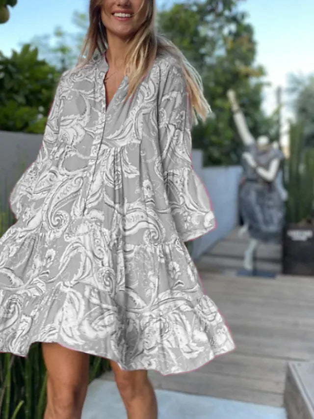 V-neck Print Flared Sleeve Skirt