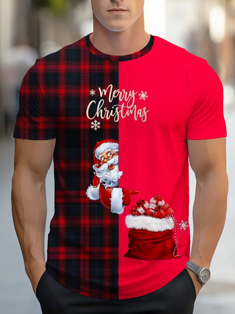 Men's Festive Santa Claus Graphic Tee - Casual Short Sleeve Crew Neck T-Shirt, Stretchy Polyester Blend, Machine Washable, Non-Transparent, Perfect for Christmas & Holiday Parties