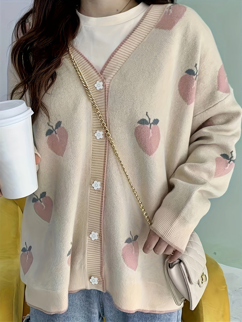 Soft and Sweet Acrylic V-Neck Sweater with Fruit Patterns - Perfect for Winter