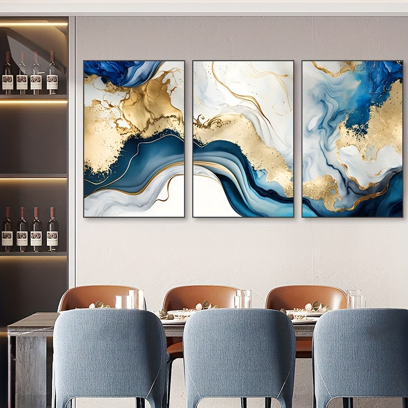 3-Piece Wooden Frame Modern Abstract Canvas Art Set - Blue Golden Hues Graphic Design - For Bedroom & Living Room Decor - Perfect Gift for Art Lovers & Home Decor Enthusiasts