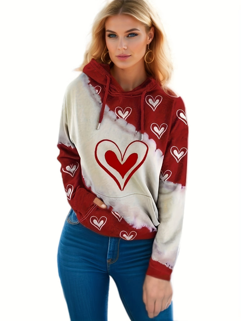 Valentine's Day Style Love Heart Print Hooded Drawstring Sweatshirt With Front Pocket, Long Hoodie Long Sleeve Pullover, Women's Tops