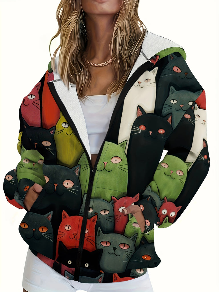 Feline Fantasy, Women's Cute Cat Print Zip-Up Hoodie - Casual Polyester Knit Jacket, Machine Washable, Perfect for Spring/Fall