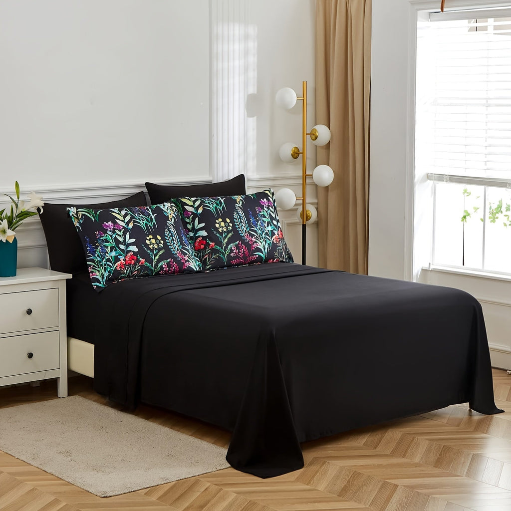 7 Piece Bed In A Bag Floral Comforter Set, Botanical Flowers Comforter And Sheet Set, (Dark Floral, Queen)