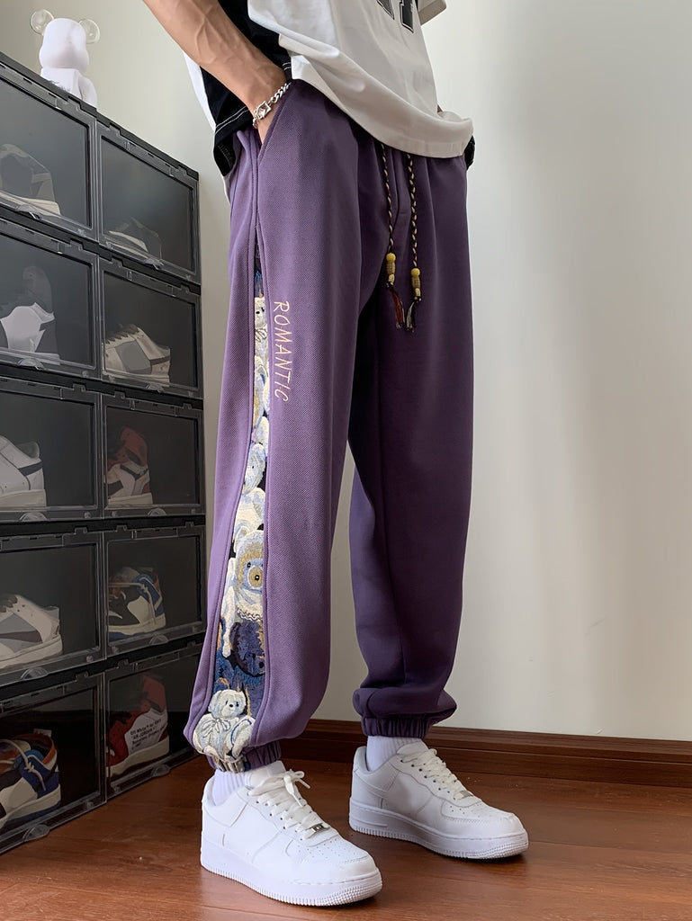 Men's Stylish Comfy Bears Embroidery Pattern Pants With Pockets, Casual Breathable Drawstring Loose Joggers For Outdoor Activities