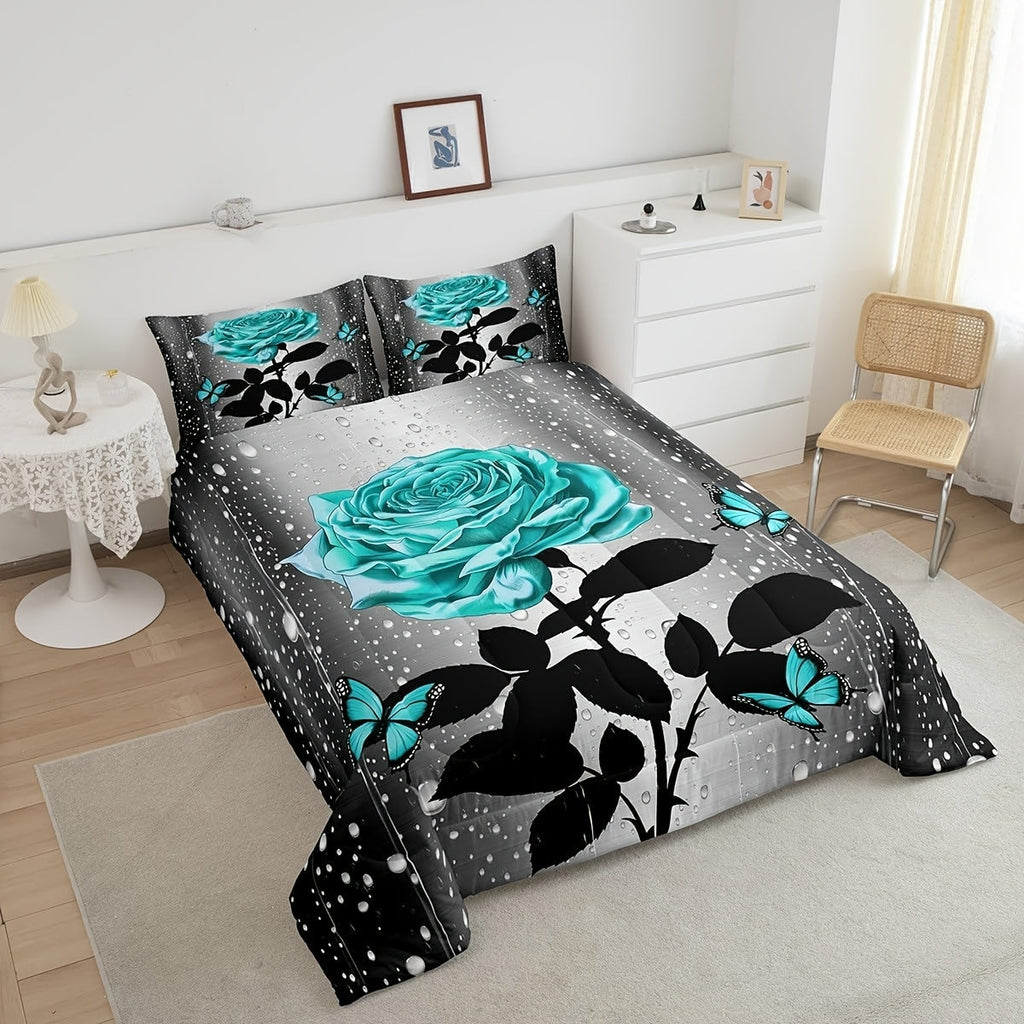 2/3pcs Teal Water Rose Bedding Set, Teal Butterfly Comforter Set for Men Women, Romantic Comforter Floral Flower Quilt Set with 1/2 Pillowcases, Fashionable Room Decor, All Season Lightweight Soft Cozy Warm, Christmas Gifts Decoration Ornaments