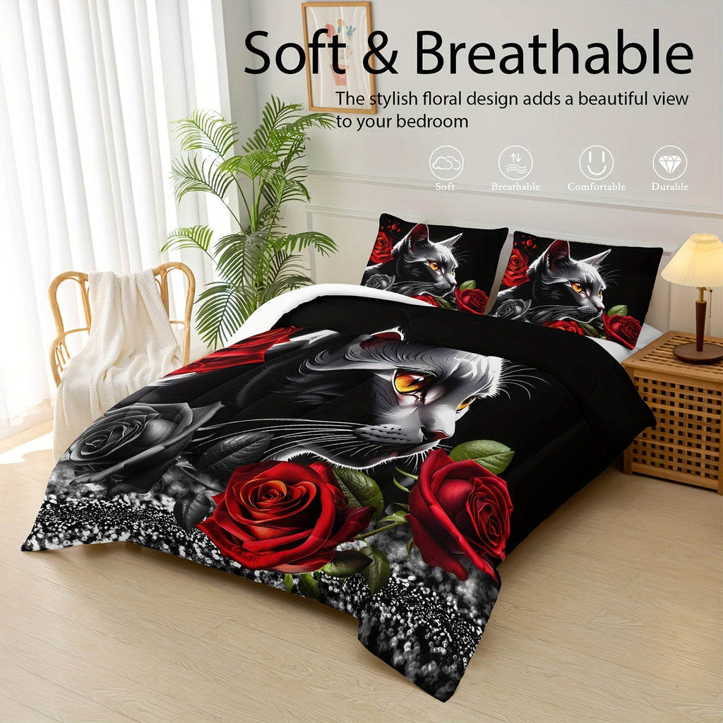Cartoon Cat Comforter Set Rose Bedding Red And Black Comforter 3 Piece Set (1 Bed Comforter + 2 Pillowcases), Comforter For All Seasons, Soft, Comfortable And Breathable Printed Bedding For Home Dormitory Decoration