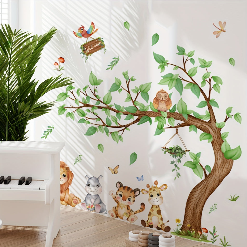 6-Piece Art Deco Wall Stickers: Large Tree with Cartoon Animals - Easy Apply & Peel Off for Bedroom, Living Room Decor