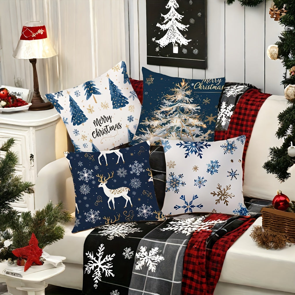 4-Pack Christmas Throw Pillow Covers 18x18 Inch - Contemporary Hand Washable Polyester Cushion Cases with Zipper Closure for Living Room Sofa Decoration, Woven Festive Print Design (Pillow Inserts Not Included)