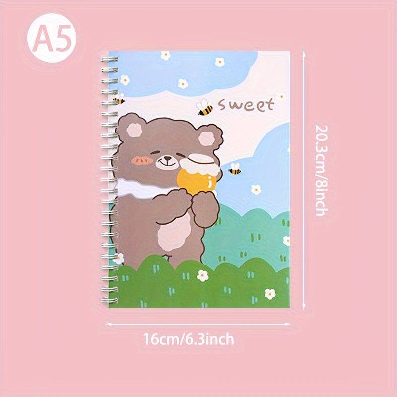 4-Pack A5 Spiral Notebooks with Minimalist Bear and Rabbit Designs, 120 Pages Each, Durable Coil Bound Journals with Lay-Flat 360° Design, Cute Illustrated Writing Notebooks for Students and Journaling