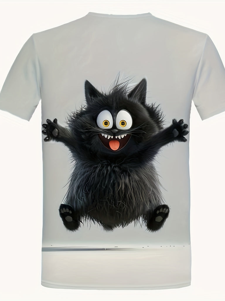 Funny Cat 3D Print Crew Neck T-shirt For Men, Casual Short Sleeve Top, Men's Clothing For Summer Daily Wear