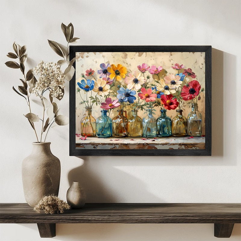 Room Decor 1pc Black Framed Wall Art, Sunlit Field Rustic Charm Delicate Wildflowers Wood Frame Canvas Prints Charming Flower Poster, Ready To Hang, Birthday Party Decor, Perfect New Year Halloween Christmas Easter Thanksgiving Gift, Home Living Room