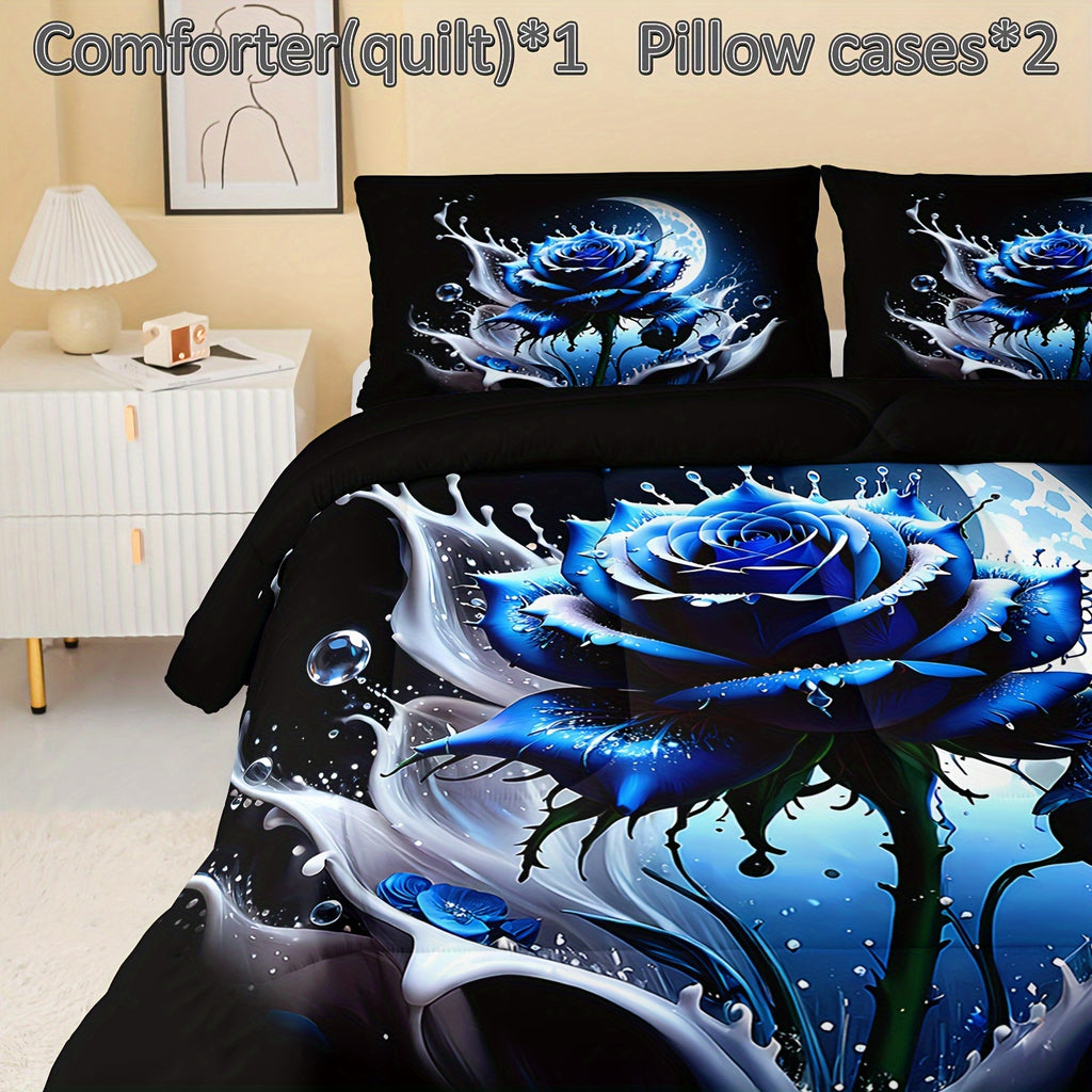 3pcs Modern Fashion Polyester Comforter Set (1*Comforter + 2*Pillowcase, Without Core), Blue Rose Glowing Moon Print Bedding Set, Soft Comfortable And Skin-friendly Comforter For Bedroom, Guest Room.