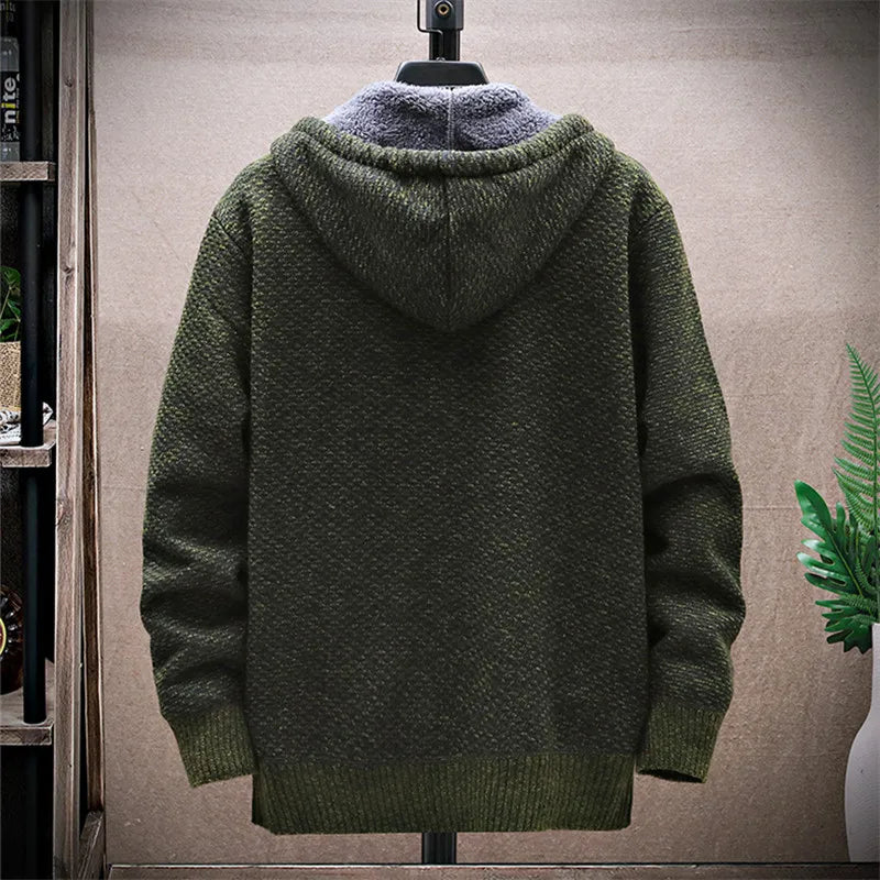 Winter Fleece Sweatercoat Men Thick Warm Hooded Kintted Mens Sweater Cardigan Solid Casual Knitting Jacket Coat Male Clothing