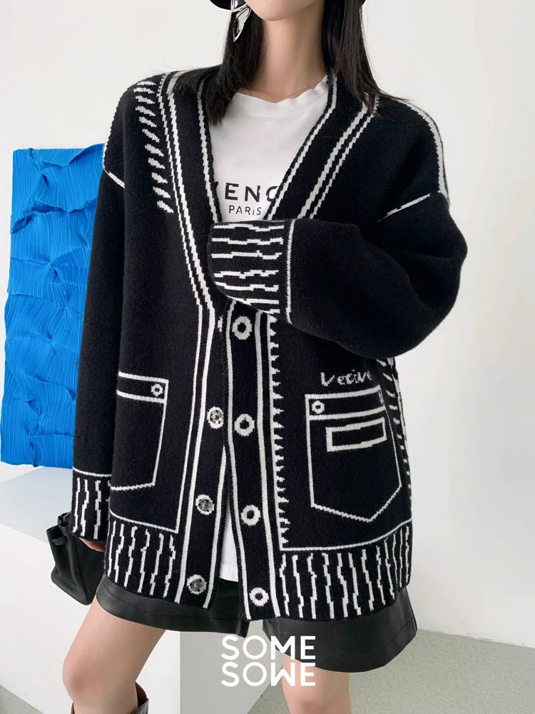 Karrram Print Graffiti Unique Cardigan Women Loose V-neck Long Sleeve Luxury Knitted Female Cardigans Coat Y2k 2021 Winter