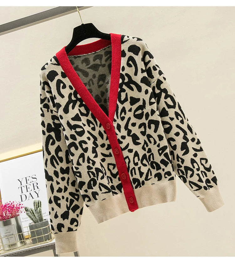 2024 New Autumn And Winter Women's Knitted Leopard Print Cardigans Ladies Single-Breasted Sweater Red Jumper Female Clothing